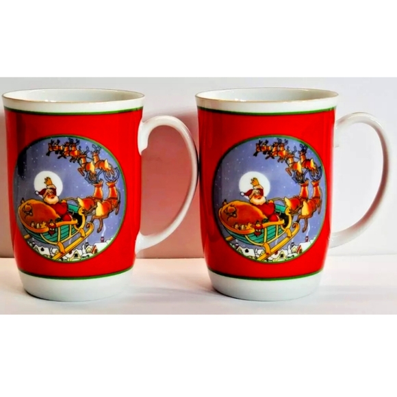 Christmas Santa Reindeer Mugs Cups set of 2 Otagiri Japan Vintage - Picture 7 of 7